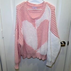 NWOT Pink Lily Pink White Heart Ladies Oversized Knitted Sweater